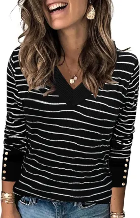 AKEWEI Womens V Neck Sweaters Long Sleeve Lightweight Knit Pullover Tops with Decorative Buttons