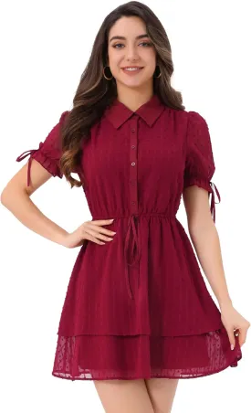 Allegra K Women's Peter Pan Collar Floral Drawstring Chiffon Layered Dress