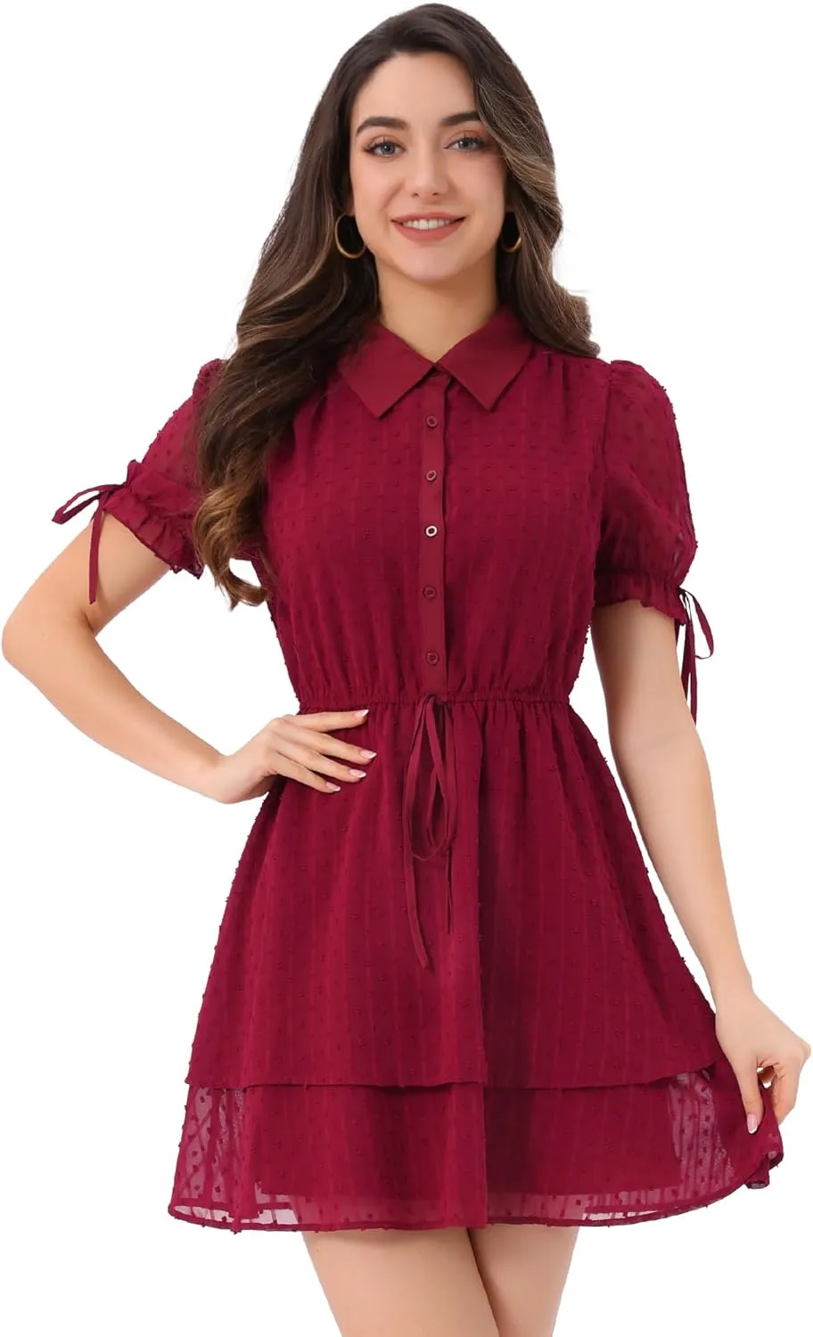 Allegra K Women's Peter Pan Collar Floral Drawstring Chiffon Layered Dress