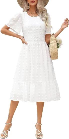 Annebouti Women's 2025 Summer Spring Wedding Guest Dresses Short Sleeve Casual Flowy Swiss Dot Smocked Midi Dress