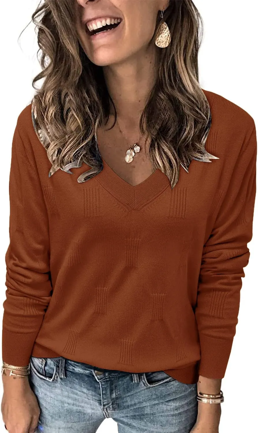 Arach&Cloz Women's Soft V Neck Long Sleeve Casual Loose Fit Sweater Tops
