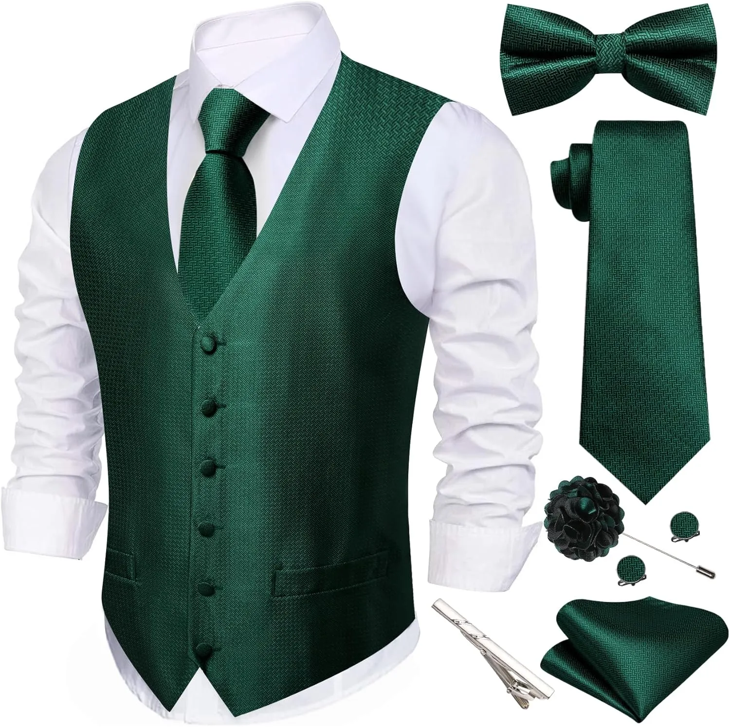 Barry.Wang Men's Suit Vest Tie and Bow Tie Set Formal Solid Paisley Handkerchief Cufflink Woven Wedding Party Waistcoat