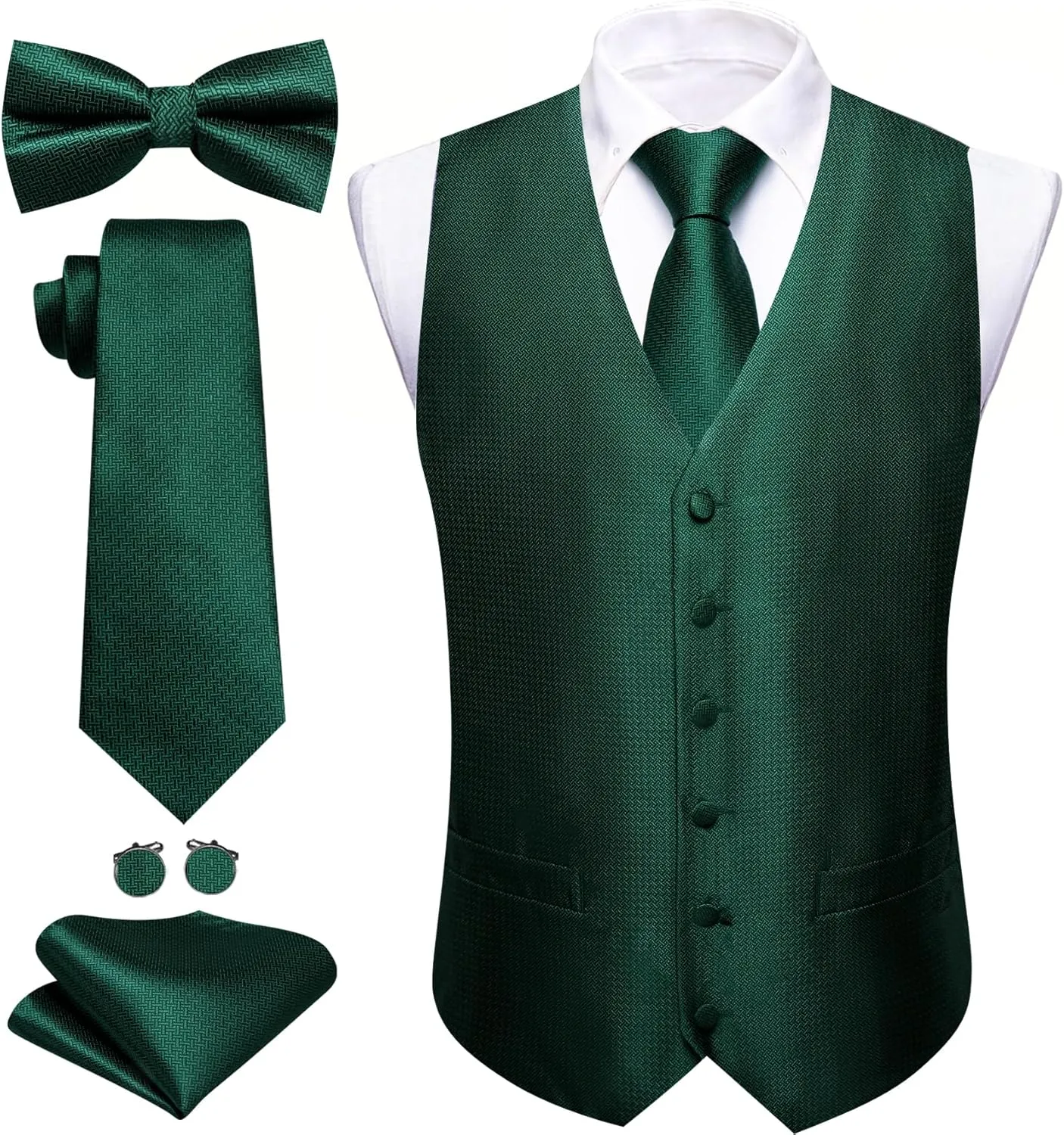 Barry.Wang Men's Suit Vest Tie and Bow Tie Set Formal Solid Paisley Handkerchief Cufflink Woven Wedding Party Waistcoat
