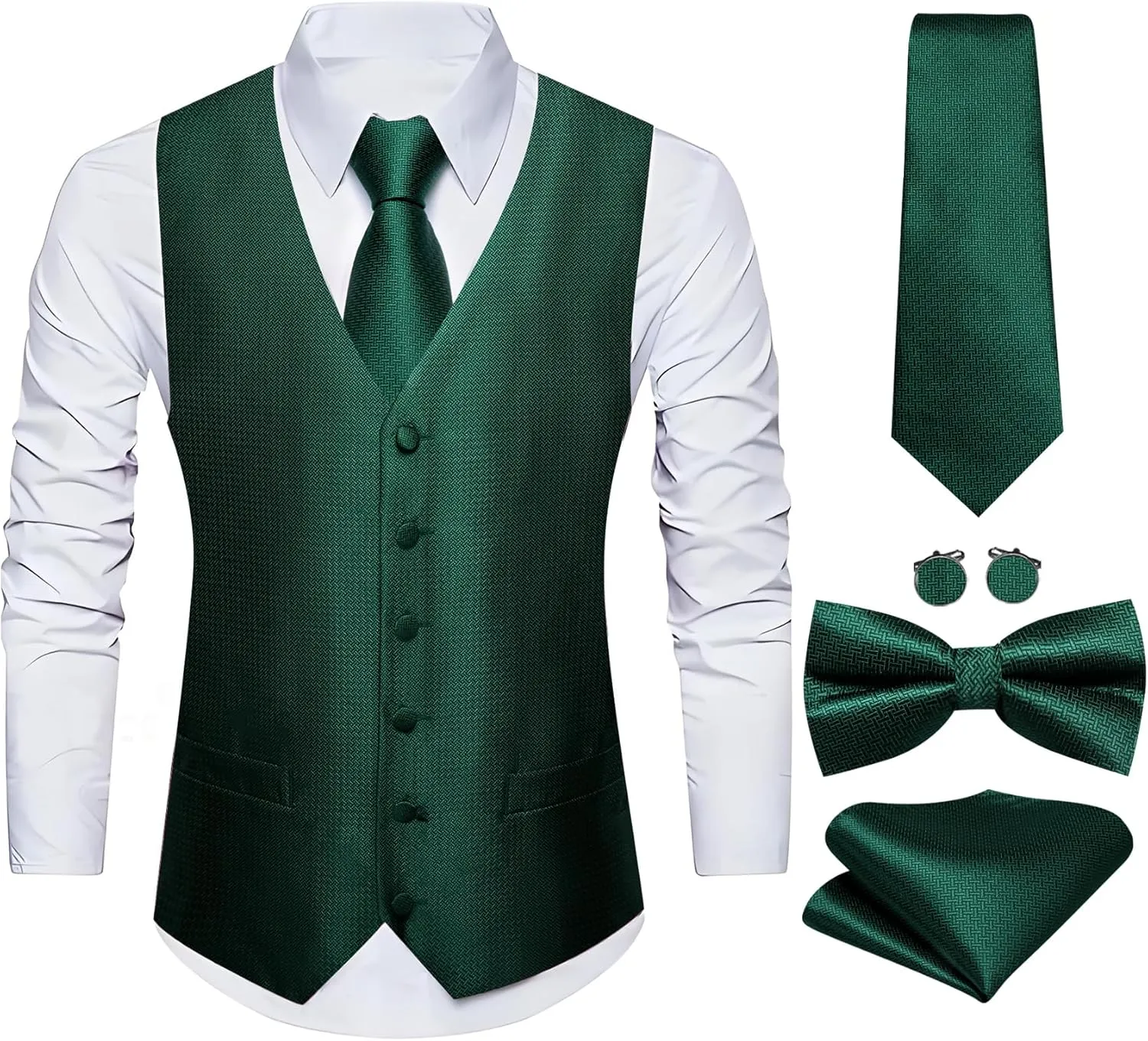 Barry.Wang Men's Suit Vest Tie and Bow Tie Set Formal Solid Paisley Handkerchief Cufflink Woven Wedding Party Waistcoat