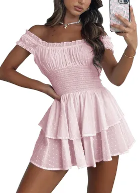 Bingerlily Womens Summer Off Shoulder Mini Dress Cute Chiffon Slim Fit Dresses