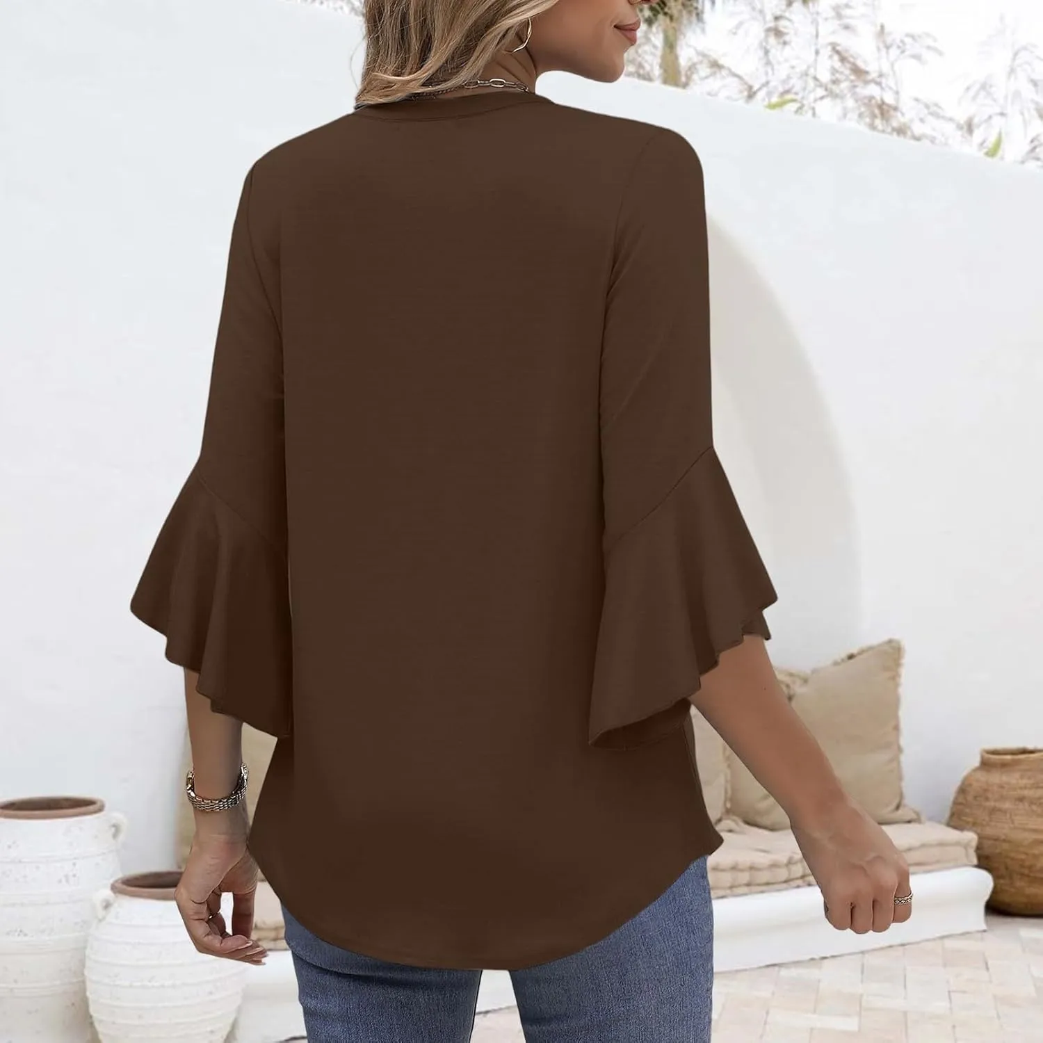 Blouses for Women Dressy Casual Cute Boho Floral Print Shirts 3/4 Ruffle Sleeve V Neck Double Layers Business Tops