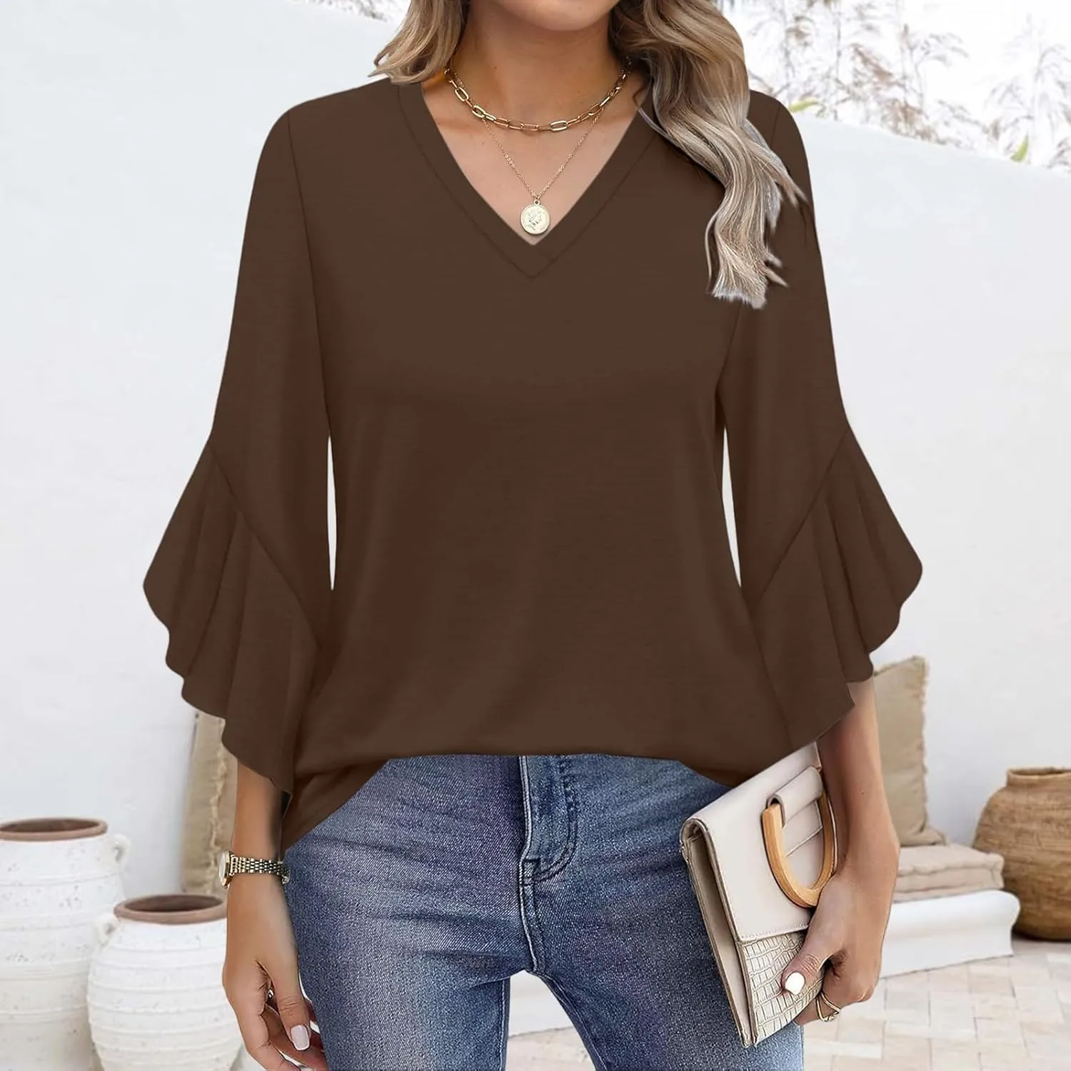 Blouses for Women Dressy Casual Cute Boho Floral Print Shirts 3/4 Ruffle Sleeve V Neck Double Layers Business Tops