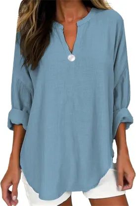 Button Down Shirts for Women V Neck Solid Color Loose Top T Shirt Casual Shirt Solid Color Basic 3/4 Sleeve Tops