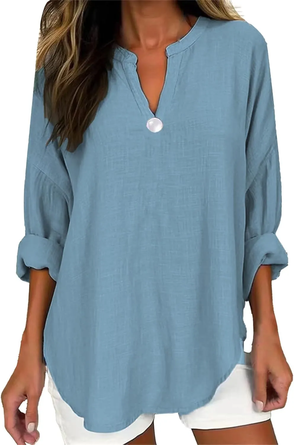 Button Down Shirts for Women V Neck Solid Color Loose Top T Shirt Casual Shirt Solid Color Basic 3/4 Sleeve Tops