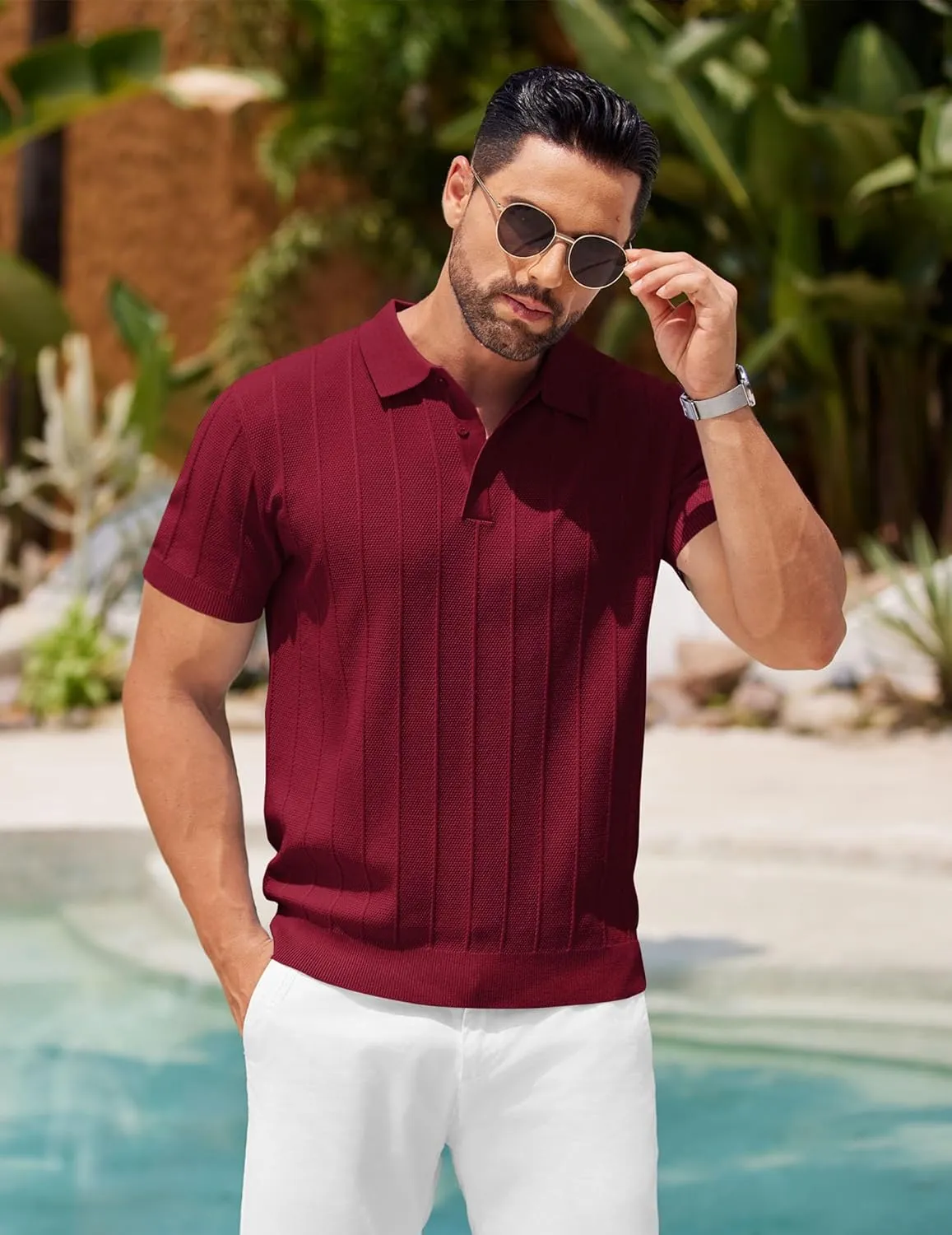 COOFANDY Mens Knit Polo Shirts Short Sleeve Ribbed Textured Polo Shirt Lightweight Casual Golf Shirts Collared T Shirt