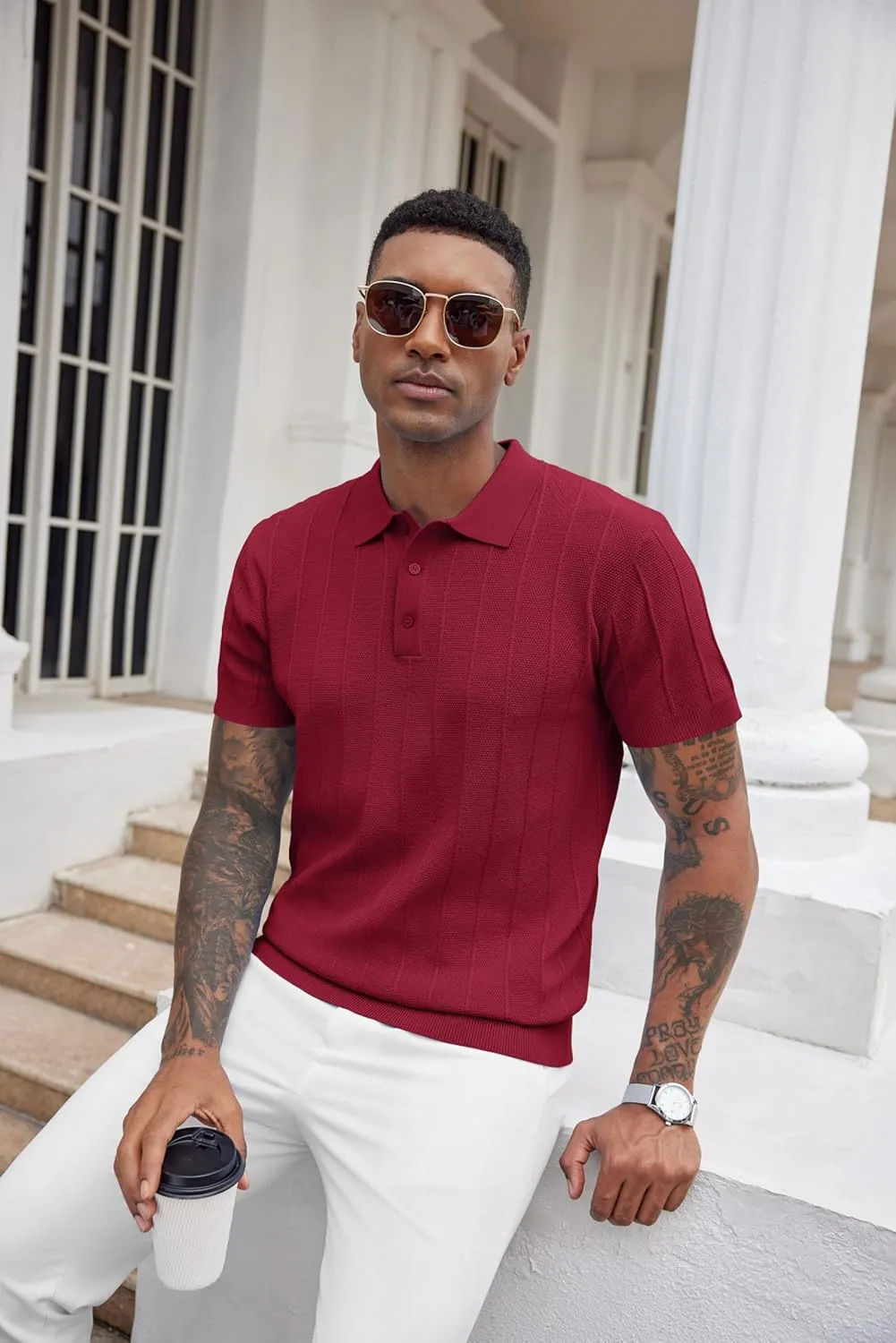 COOFANDY Mens Knit Polo Shirts Short Sleeve Ribbed Textured Polo Shirt Lightweight Casual Golf Shirts Collared T Shirt