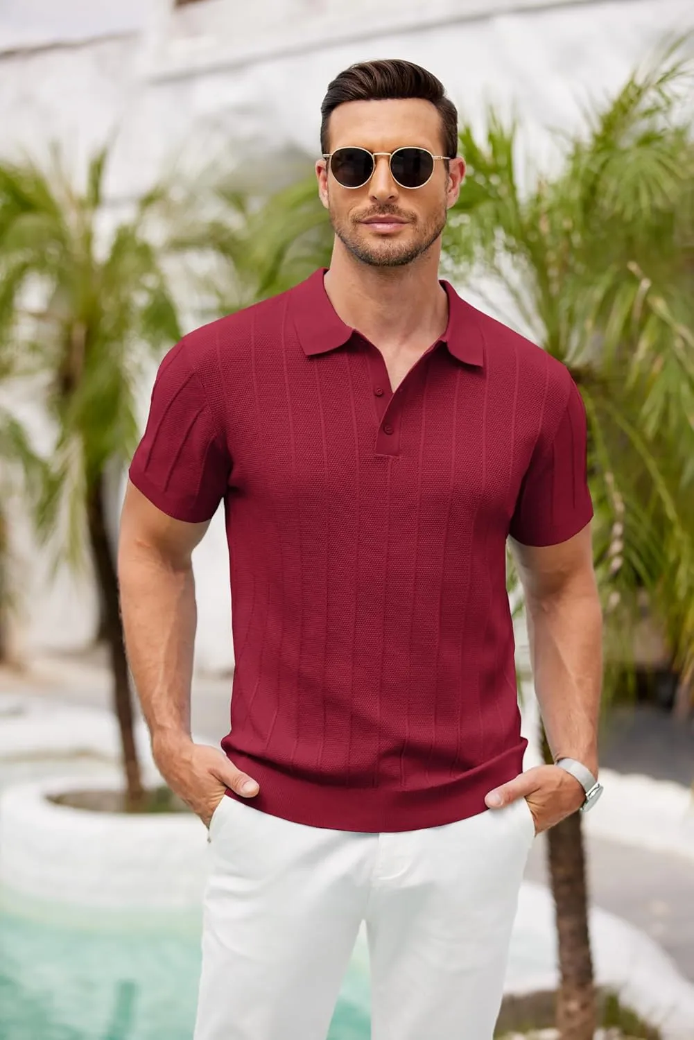 COOFANDY Mens Knit Polo Shirts Short Sleeve Ribbed Textured Polo Shirt Lightweight Casual Golf Shirts Collared T Shirt