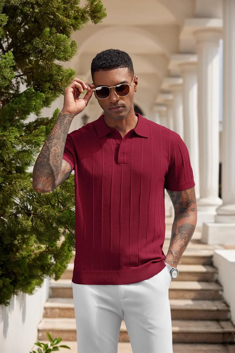 COOFANDY Mens Knit Polo Shirts Short Sleeve Ribbed Textured Polo Shirt Lightweight Casual Golf Shirts Collared T Shirt