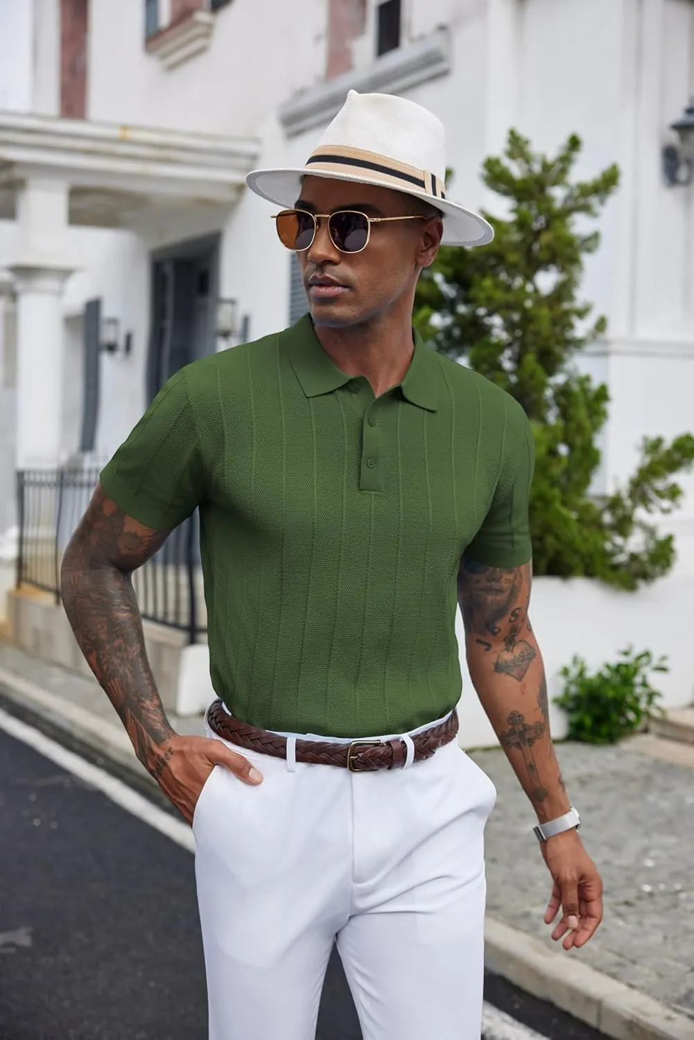 COOFANDY Mens Knit Polo Shirts Short Sleeve Ribbed Textured Polo Shirt Lightweight Casual Golf Shirts Collared T Shirt