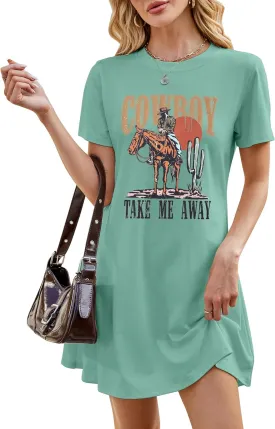 Cowboy Western Dress for Women: Vintage Rodeo Graphic Dresses Country Music Sundress Short Sleeve Cowgirl Outfits