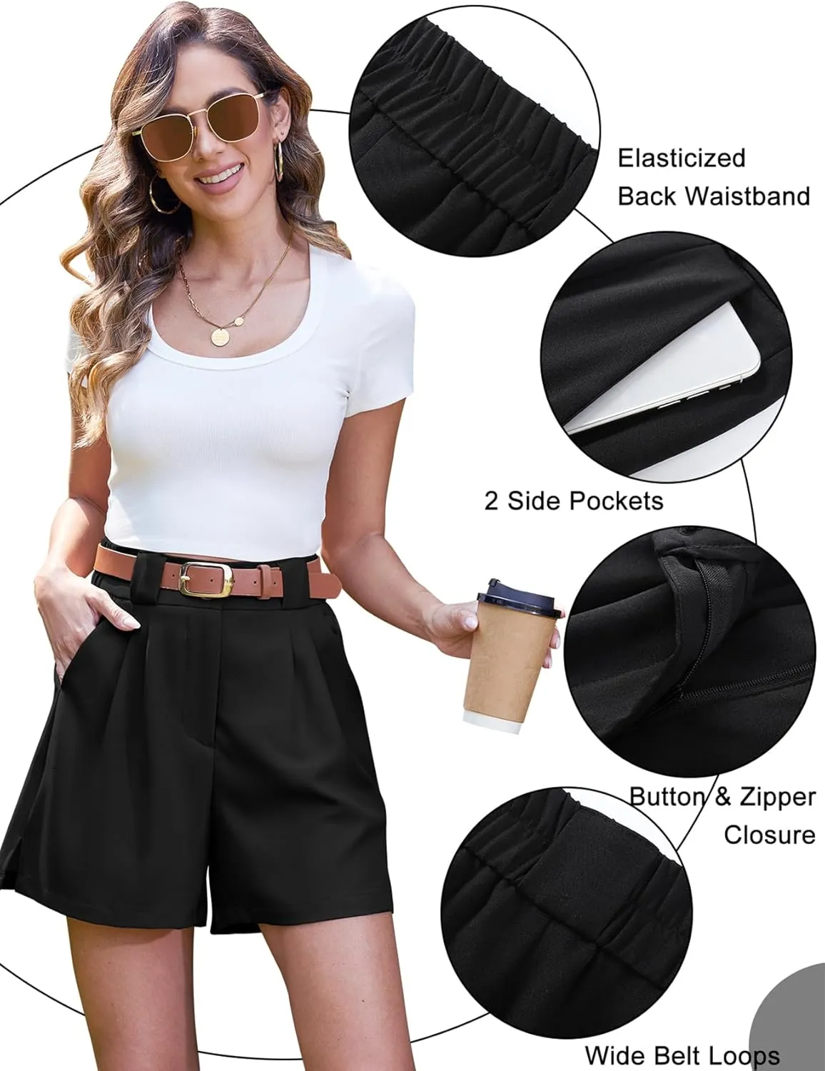 COZYPOIN Dressy Shorts for Women Casual Summer Elastic High Waisted Wide Leg Pleated Work Trouser Short with Pockets