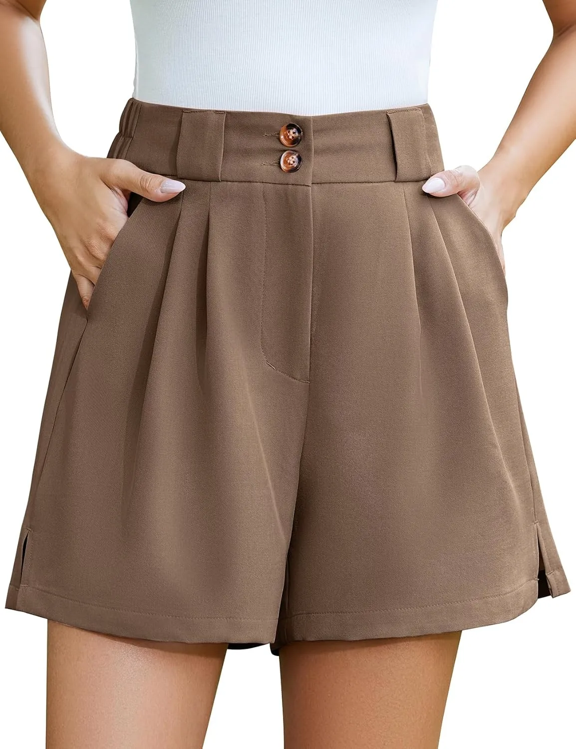COZYPOIN Dressy Shorts for Women Casual Summer Elastic High Waisted Wide Leg Pleated Work Trouser Short with Pockets