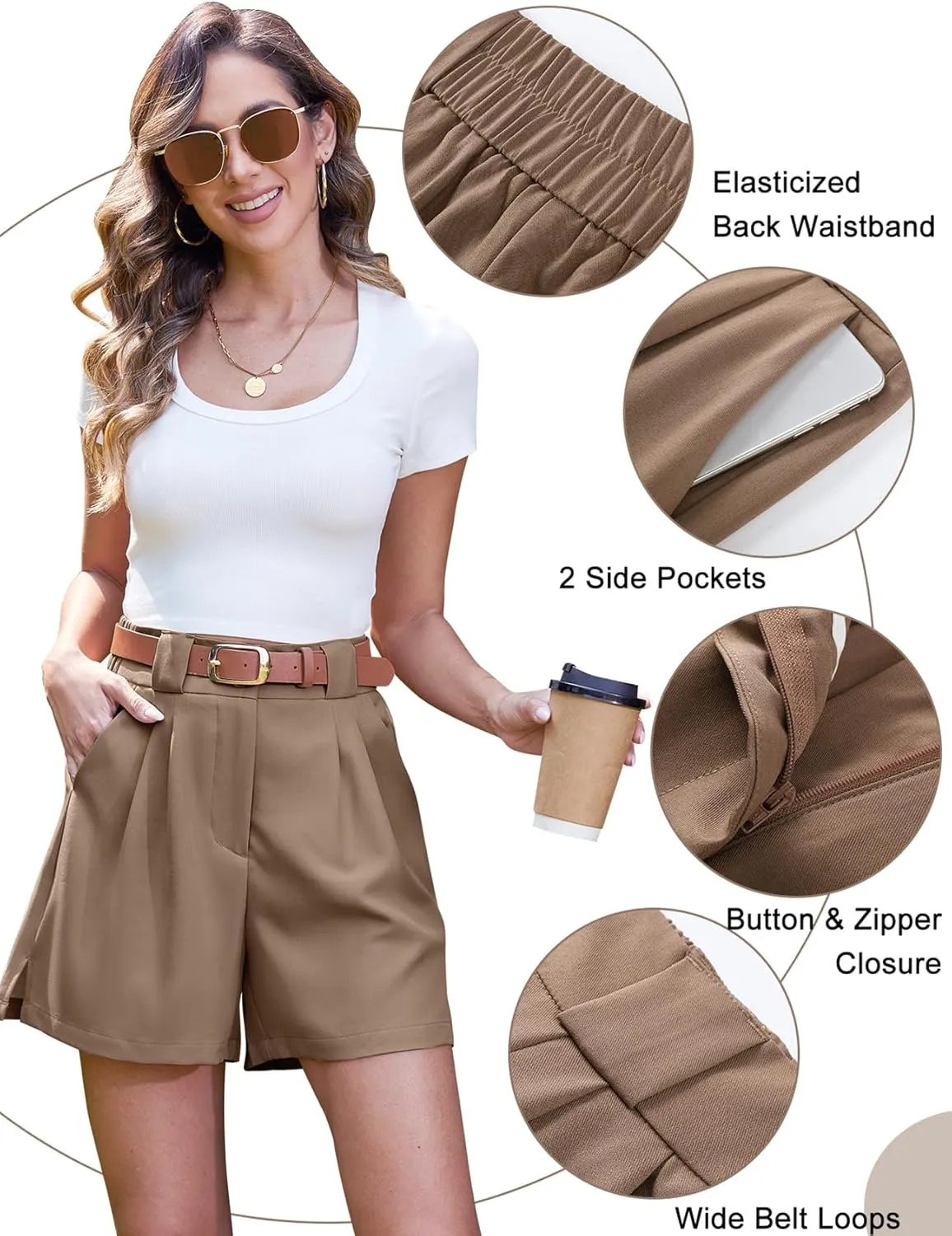 COZYPOIN Dressy Shorts for Women Casual Summer Elastic High Waisted Wide Leg Pleated Work Trouser Short with Pockets