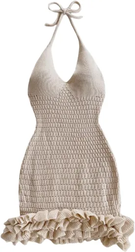 GORGLITTER Women's Crochet Halter Bubble Mini Dress Bow Backless Summer Bodycon Knit Dress Vacation Festival Outfits