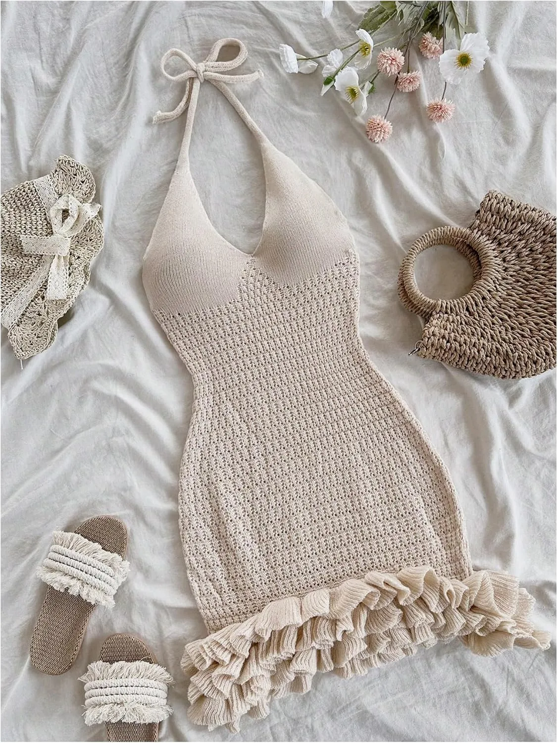 GORGLITTER Women's Crochet Halter Bubble Mini Dress Bow Backless Summer Bodycon Knit Dress Vacation Festival Outfits