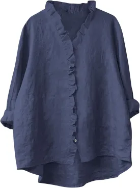 HGps8w 3/4 Sleeve Linen Shirts for Women 2025 Summer Ruffle V Neck Leisure Tops Loose Casual Tunic Tees Blouses