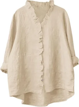 HGps8w 3/4 Sleeve Linen Shirts for Women 2025 Summer Ruffle V Neck Leisure Tops Loose Casual Tunic Tees Blouses