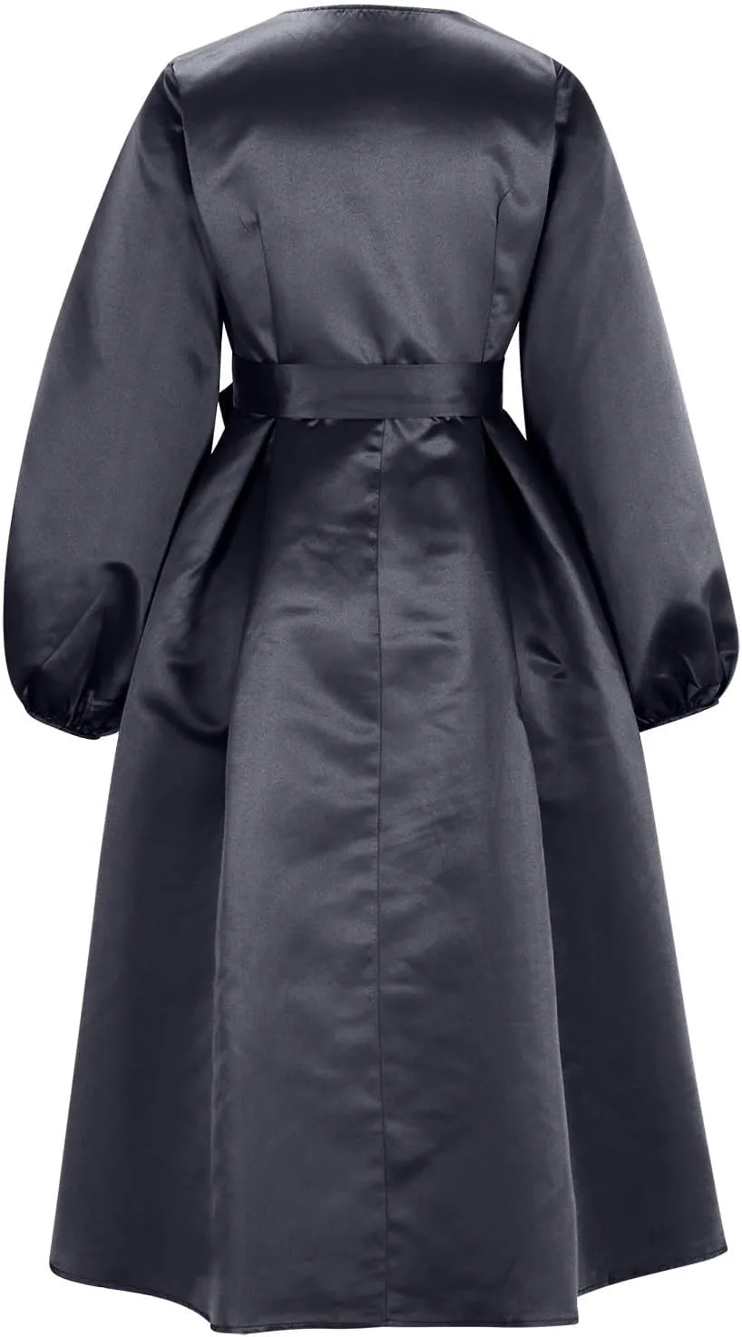 HGps8w Satin Swing Cocktail Midi Dresses for Women Elegant Puff Sleeve Button Front A-Line Formal Party Prom Dress