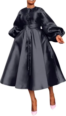 HGps8w Satin Swing Cocktail Midi Dresses for Women Elegant Puff Sleeve Button Front A-Line Formal Party Prom Dress
