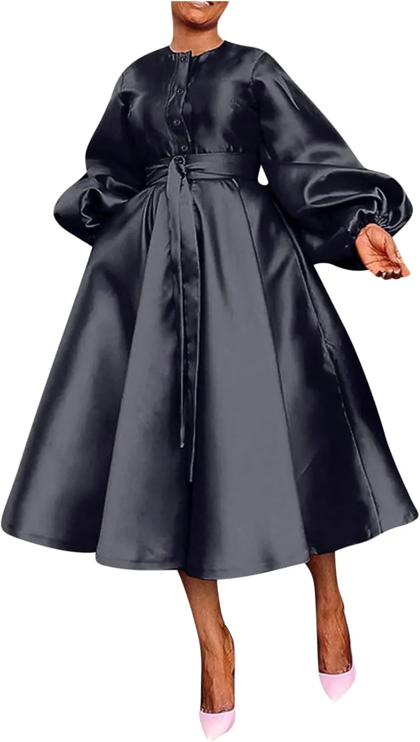 HGps8w Satin Swing Cocktail Midi Dresses for Women Elegant Puff Sleeve Button Front A-Line Formal Party Prom Dress