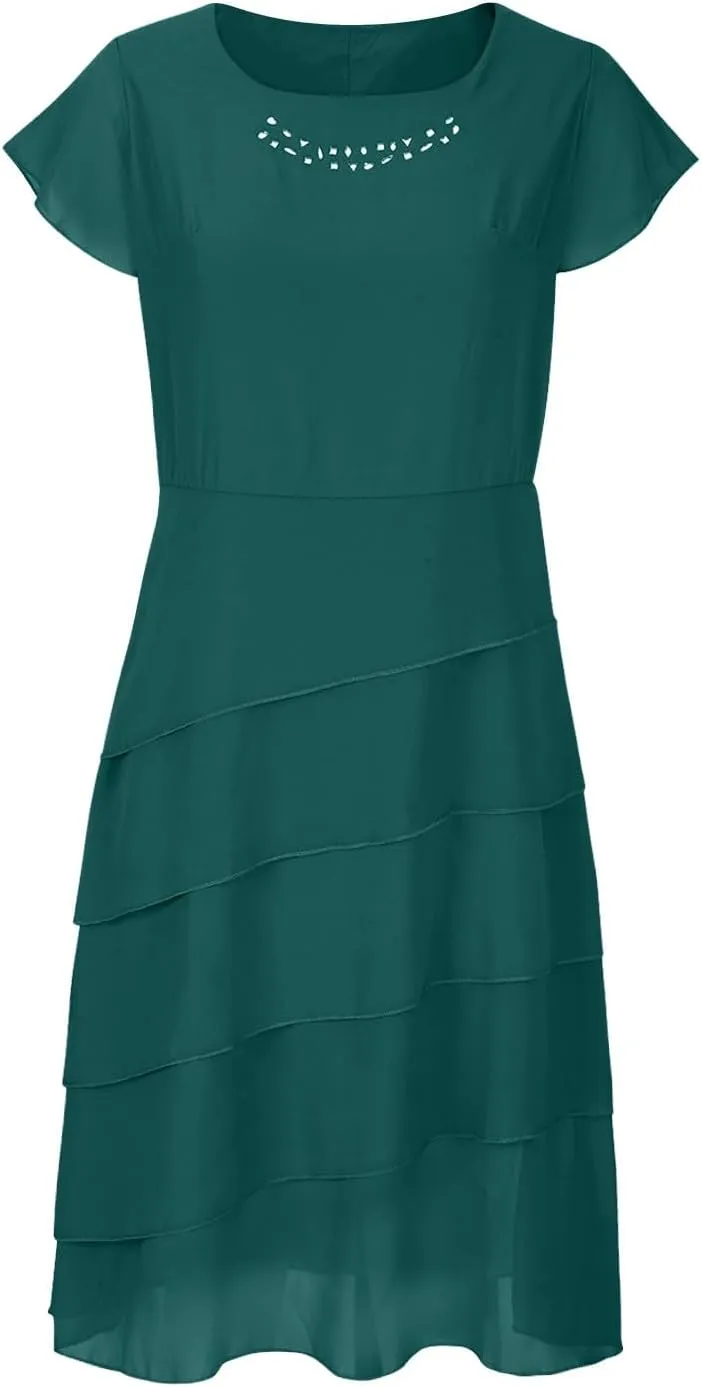 HGps8w Women's Layered Chiffon Wedding Guests Dress Summer Elegant Short Sleeve Knee Length Flowy Cocktail Dresses