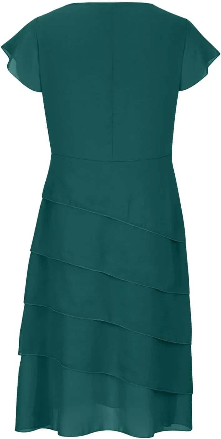 HGps8w Women's Layered Chiffon Wedding Guests Dress Summer Elegant Short Sleeve Knee Length Flowy Cocktail Dresses