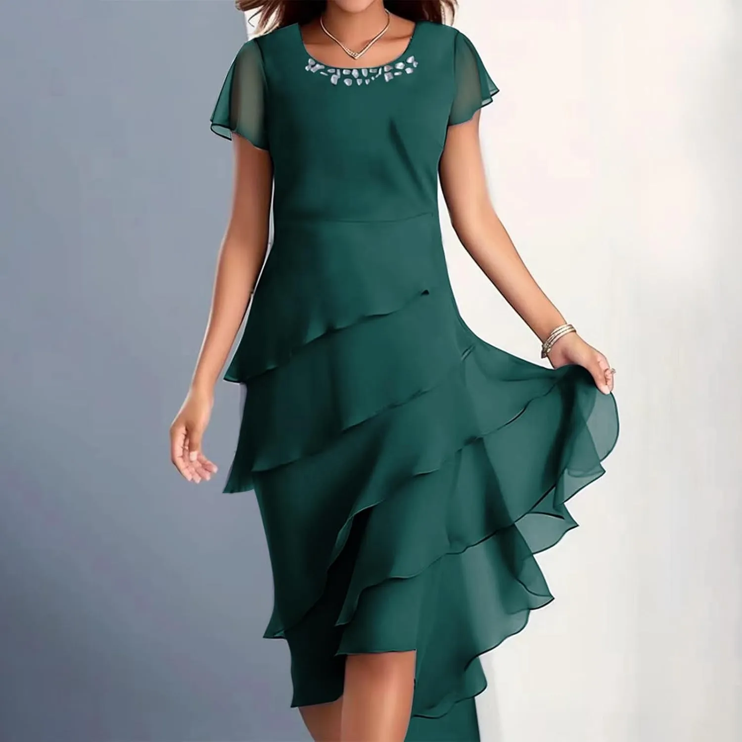 HGps8w Women's Layered Chiffon Wedding Guests Dress Summer Elegant Short Sleeve Knee Length Flowy Cocktail Dresses