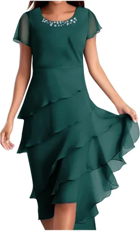 HGps8w Women's Layered Chiffon Wedding Guests Dress Summer Elegant Short Sleeve Knee Length Flowy Cocktail Dresses