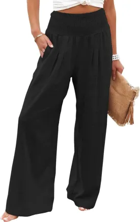 Kubbon Womens Wide Leg Pants Tummy Control High Waisted Linen Pants Casual Baggy Sweatpants Palazzo Trousers with Pockets