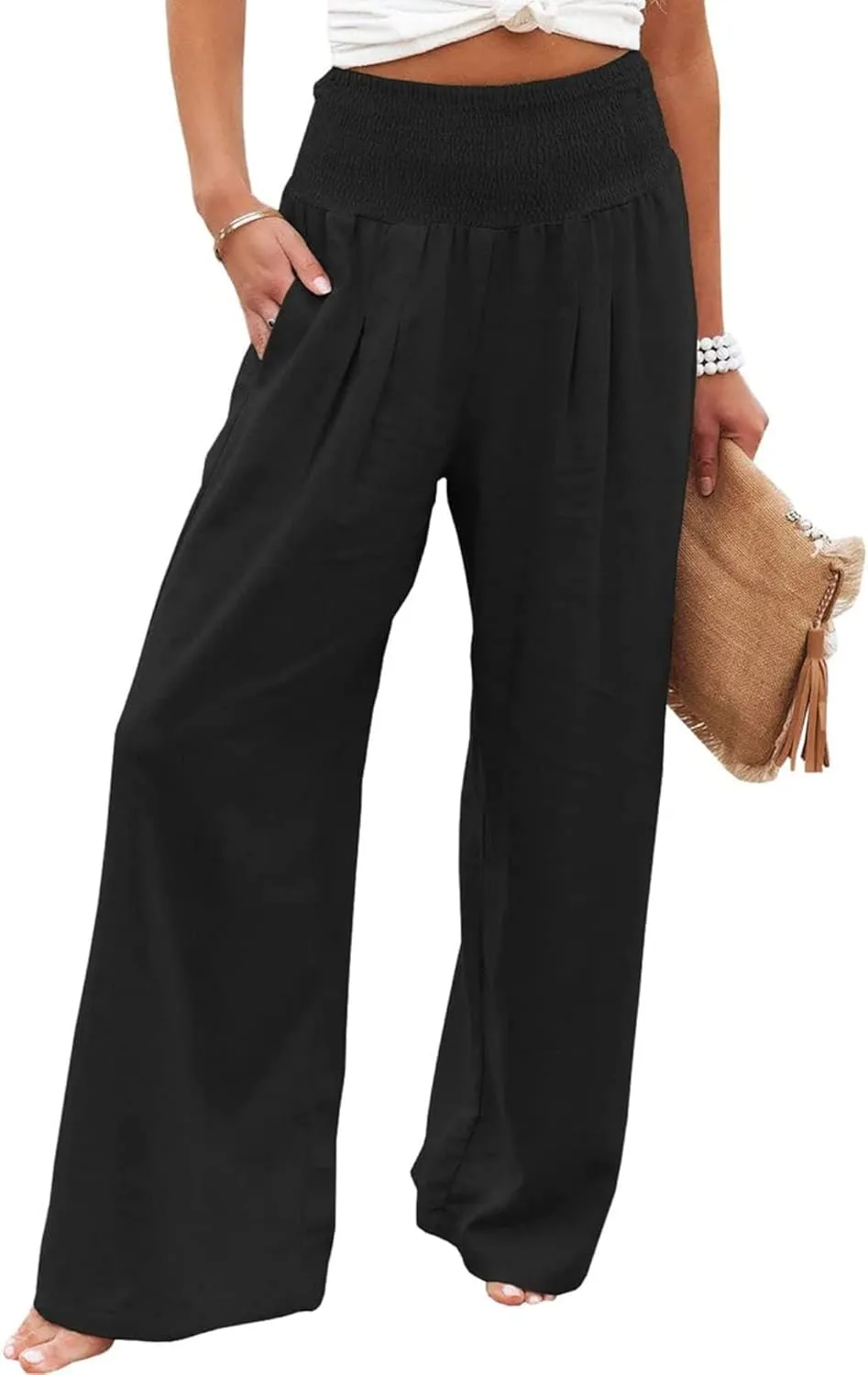 Kubbon Womens Wide Leg Pants Tummy Control High Waisted Linen Pants Casual Baggy Sweatpants Palazzo Trousers with Pockets