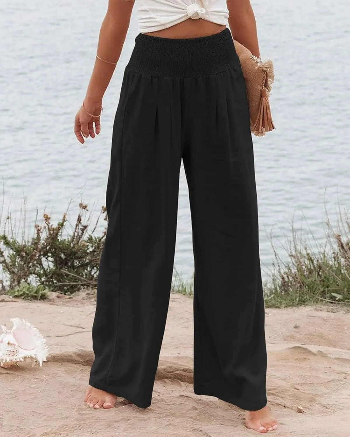 Kubbon Womens Wide Leg Pants Tummy Control High Waisted Linen Pants Casual Baggy Sweatpants Palazzo Trousers with Pockets