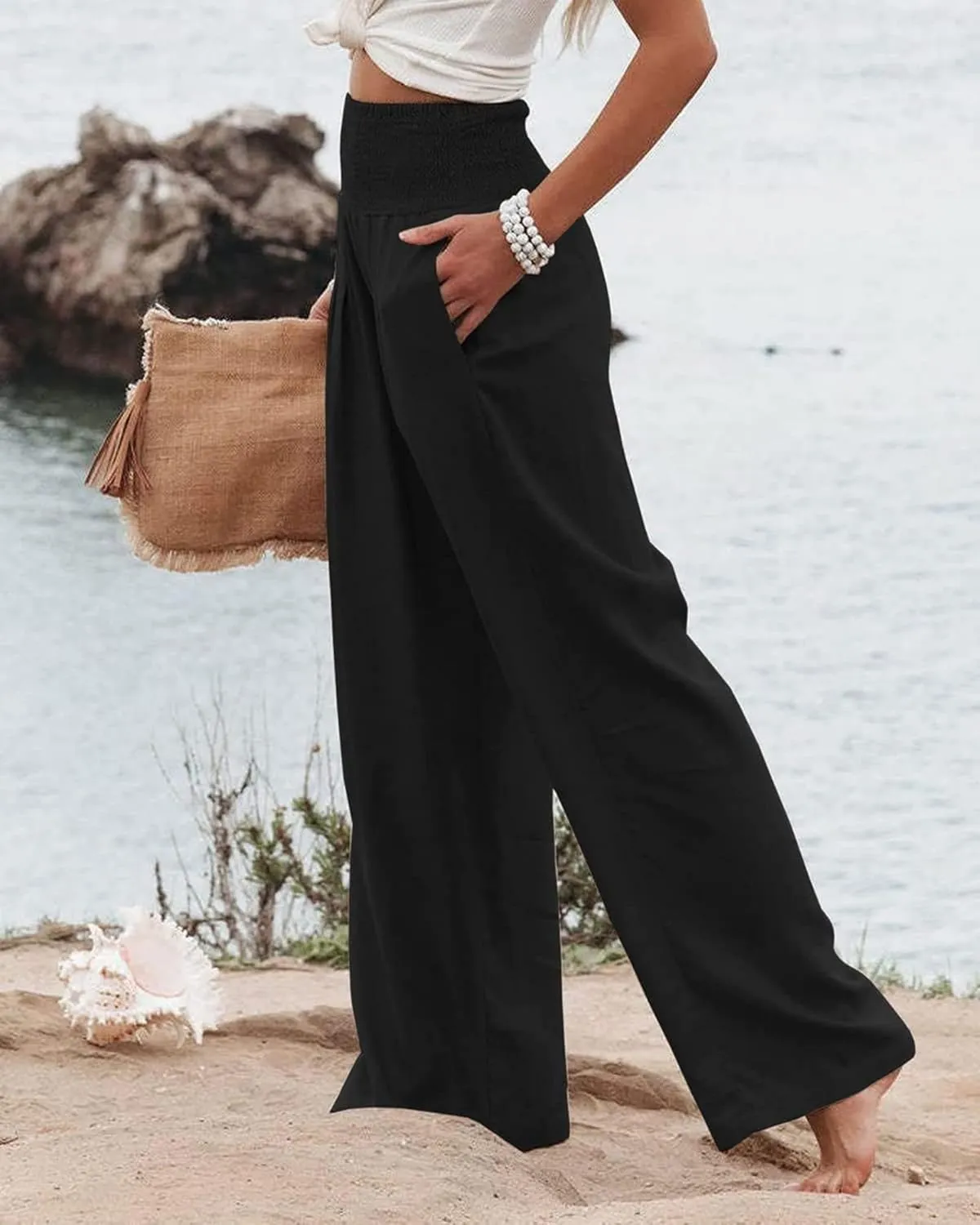Kubbon Womens Wide Leg Pants Tummy Control High Waisted Linen Pants Casual Baggy Sweatpants Palazzo Trousers with Pockets