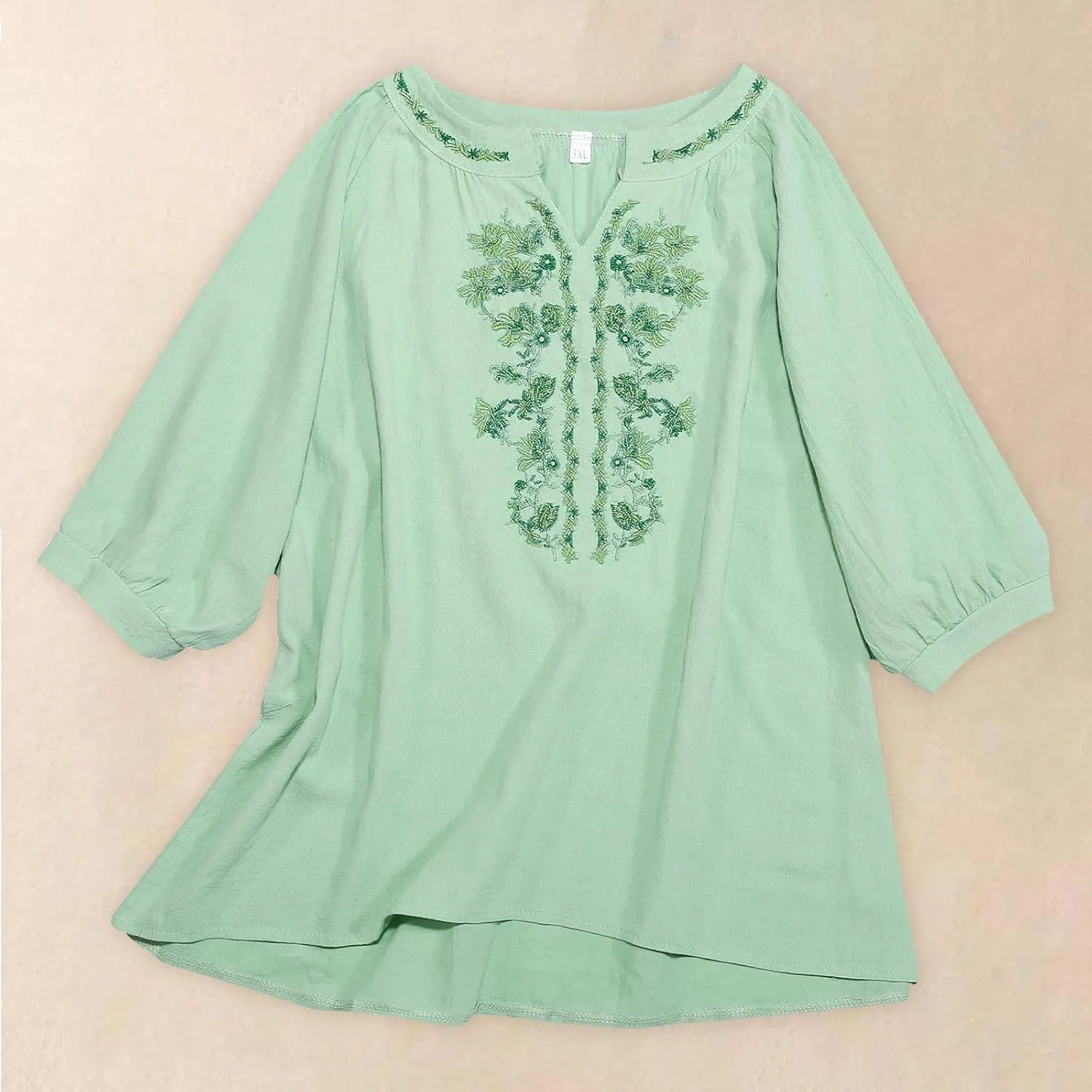 Linen Shirts for Women, 3/4 Sleeve Length Tops Summer 2025 Casual V Neck Blouse Trendy Embroidered Boho Tunics
