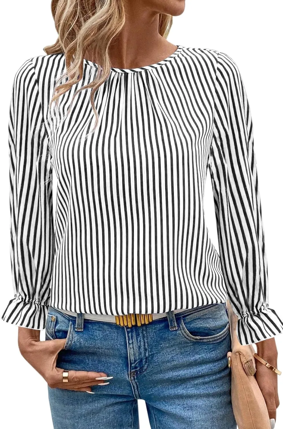 LOLONG Womens Tops 2024 Fall Long Sleeve Crew Neck Print Work Chiffon Blouses Dressy Casual with Back Button Closure