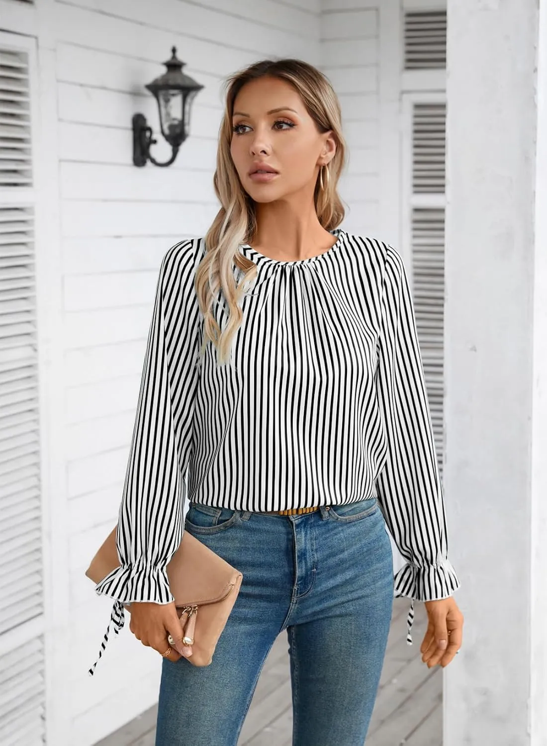 LOLONG Womens Tops 2024 Fall Long Sleeve Crew Neck Print Work Chiffon Blouses Dressy Casual with Back Button Closure