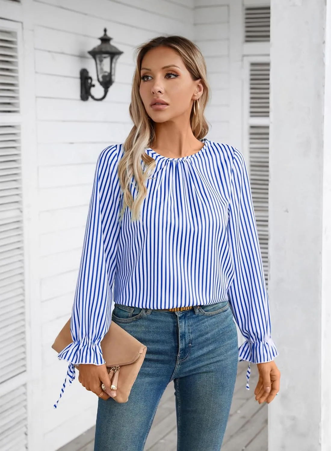 LOLONG Womens Tops 2024 Fall Long Sleeve Crew Neck Print Work Chiffon Blouses Dressy Casual with Back Button Closure