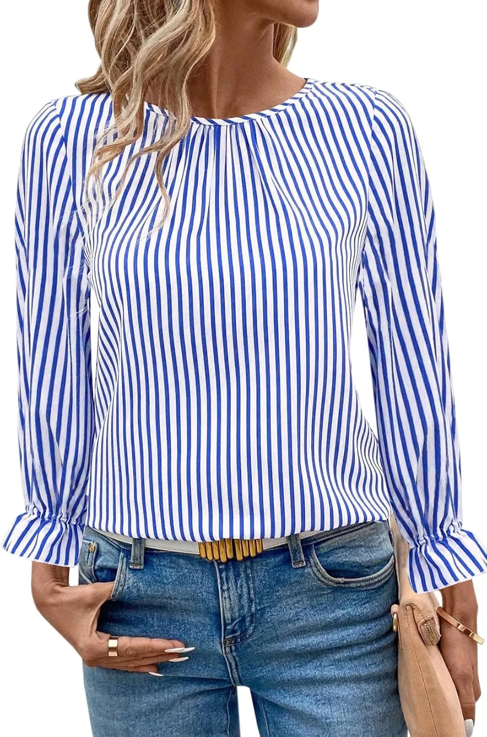 LOLONG Womens Tops 2024 Fall Long Sleeve Crew Neck Print Work Chiffon Blouses Dressy Casual with Back Button Closure