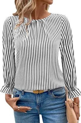 LOLONG Womens Tops 2024 Fall Long Sleeve Crew Neck Print Work Chiffon Blouses Dressy Casual with Back Button Closure