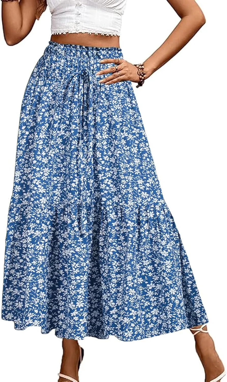 Long Skirts for Women High Elastic Waist Skirt Casual Summer Fake Drawstring Floral Pleated A Line Boho Cute Skirts 8627
