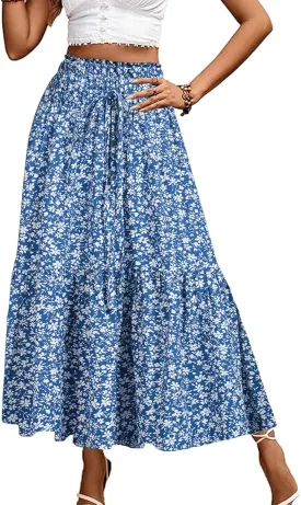 Long Skirts for Women High Elastic Waist Skirt Casual Summer Fake Drawstring Floral Pleated A Line Boho Cute Skirts 8627