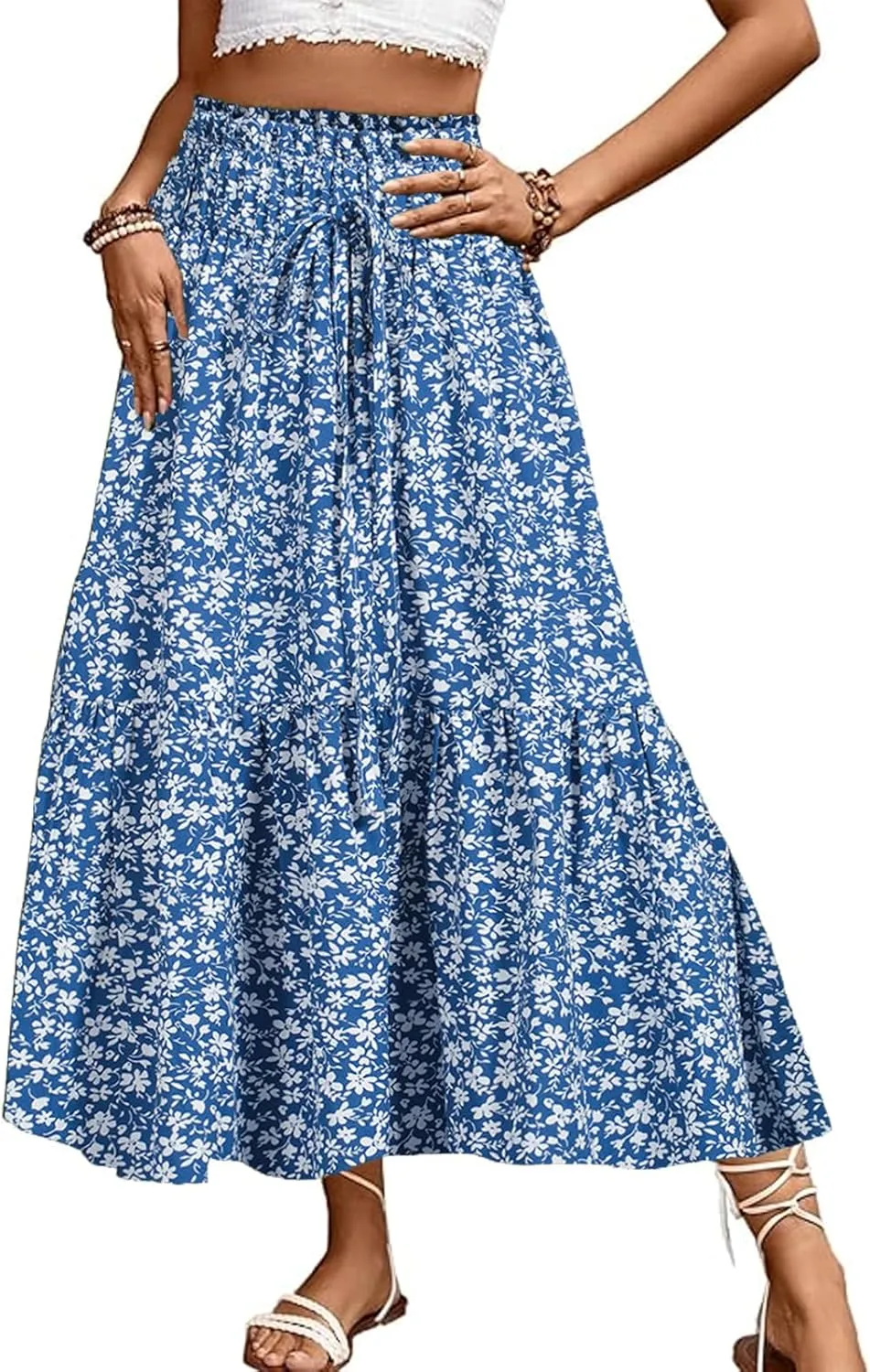 Long Skirts for Women High Elastic Waist Skirt Casual Summer Fake Drawstring Floral Pleated A Line Boho Cute Skirts 8627