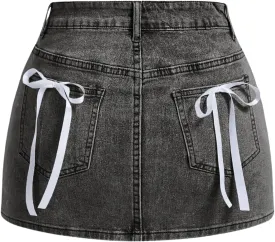 MakeMeChic Women's Denim Skirt High Waist Bow Pocket Bodycon Y2K Mini Jean Skirts
