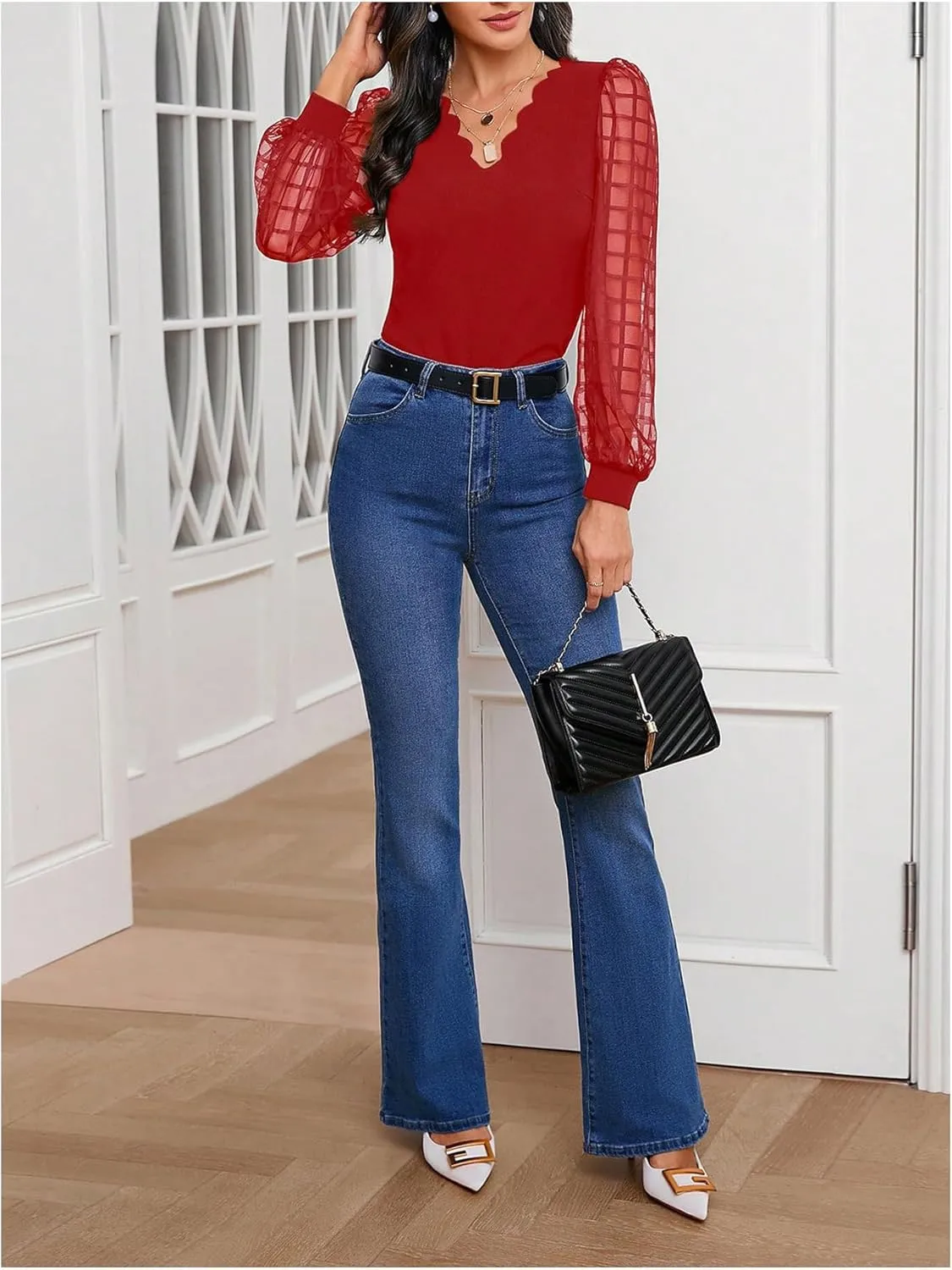 MakeMeChic Women's Lace Long Sleeve Tops Sheer Mesh Scallop Trim V Neck Blouse Shirt