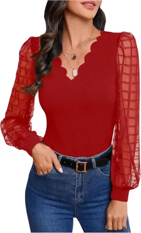 MakeMeChic Women's Lace Long Sleeve Tops Sheer Mesh Scallop Trim V Neck Blouse Shirt