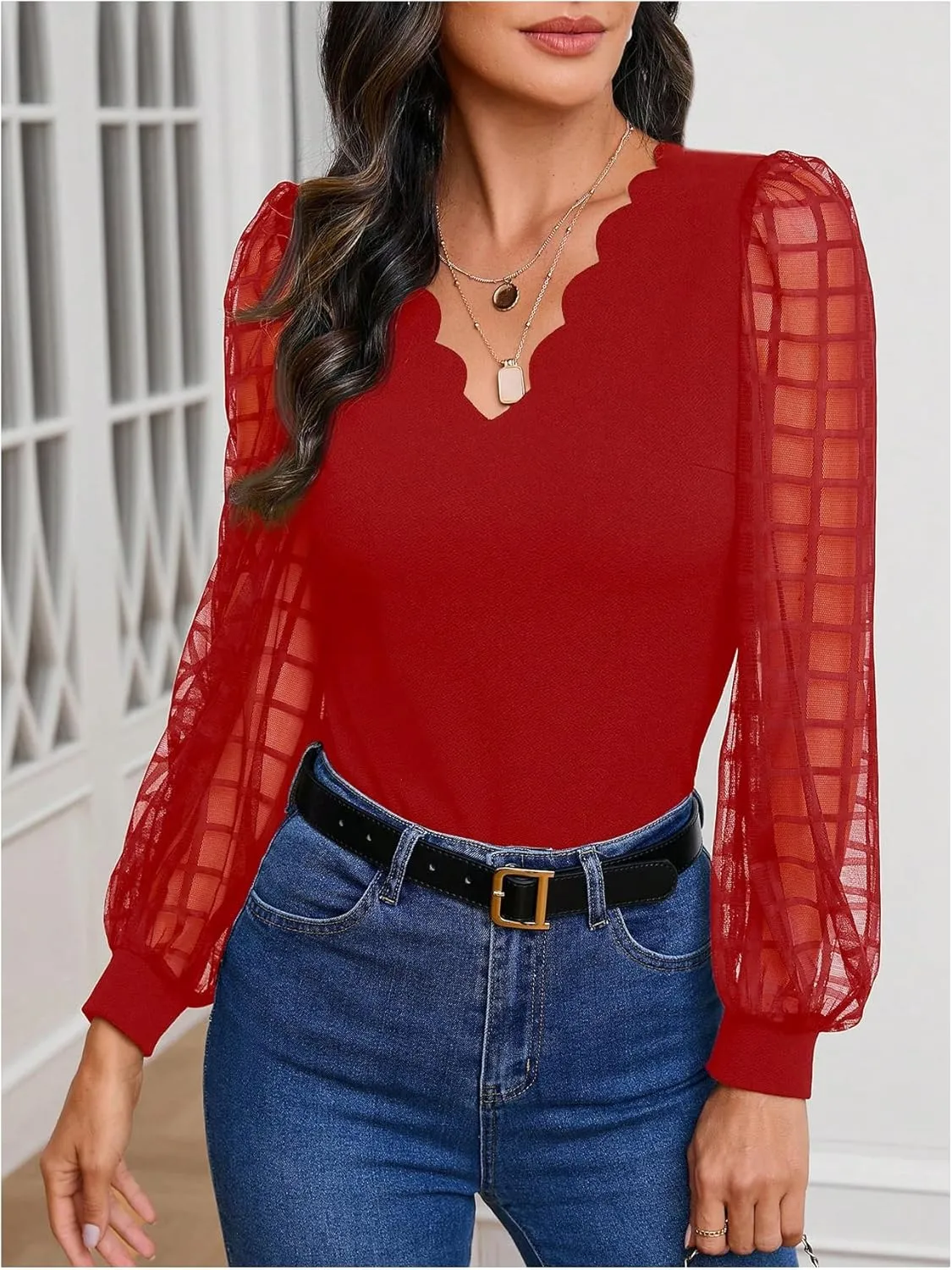 MakeMeChic Women's Lace Long Sleeve Tops Sheer Mesh Scallop Trim V Neck Blouse Shirt